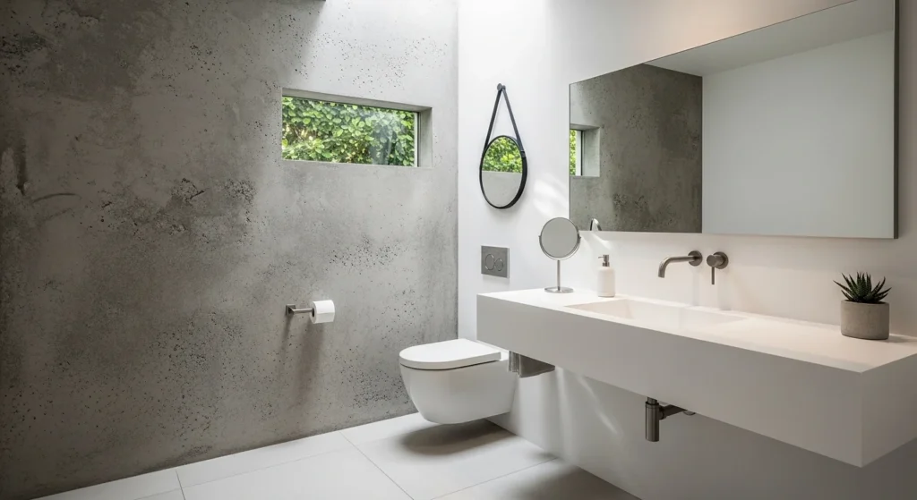 Small bathroom with textured accent wall behind vanity, modern minimalist 2026 interior