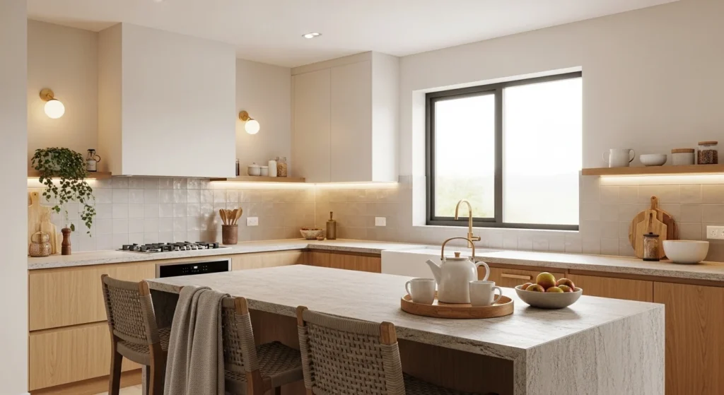 Peaceful modern kitchen with warm lighting and natural textures for everyday living
