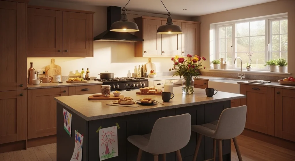 Cozy family kitchen with large island seating and warm welcoming atmosphere