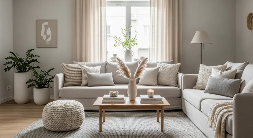 Neutral apartment living room with beige and greige tones, textured cushions, and a calm modern style