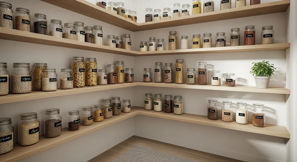 Small pantry with open shelving and neatly arranged jars in a light modern kitchen