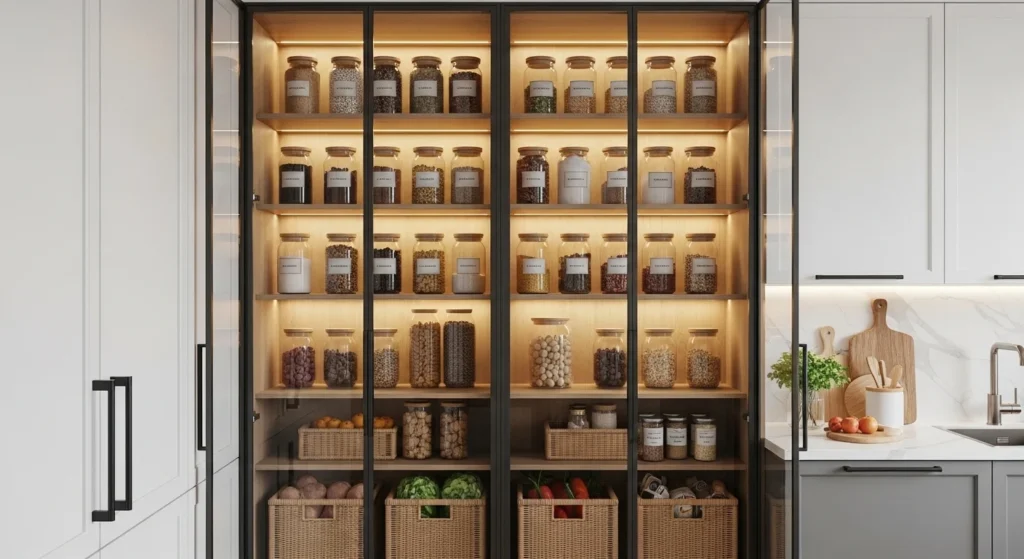 Elegant kitchen pantry cabinet with glass doors displaying organized jars and food containers