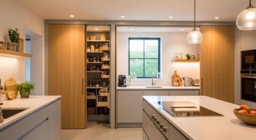 Contemporary kitchen pantry hidden behind sleek sliding doors creating a clean and space-saving design.
