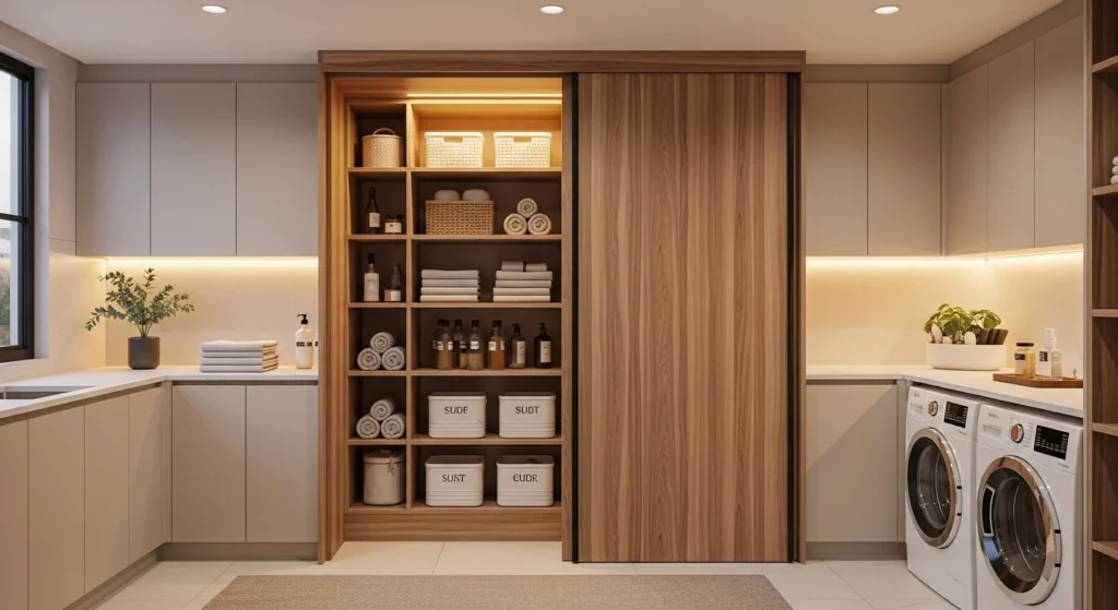 Modern laundry room pantry concealed behind sliding doors for a clean minimalist look