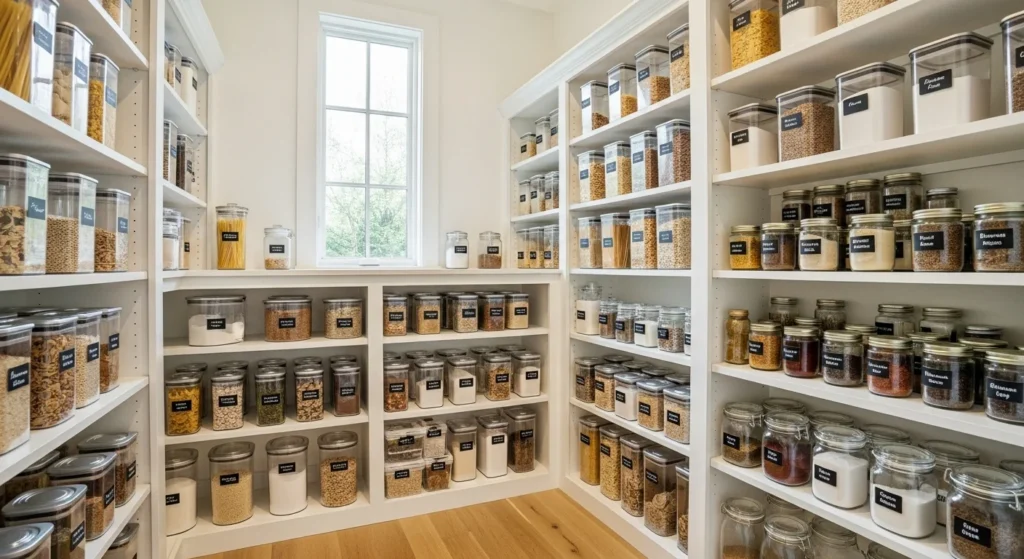 Walk-in pantry organized with clear containers and labeled jars for easy visibility