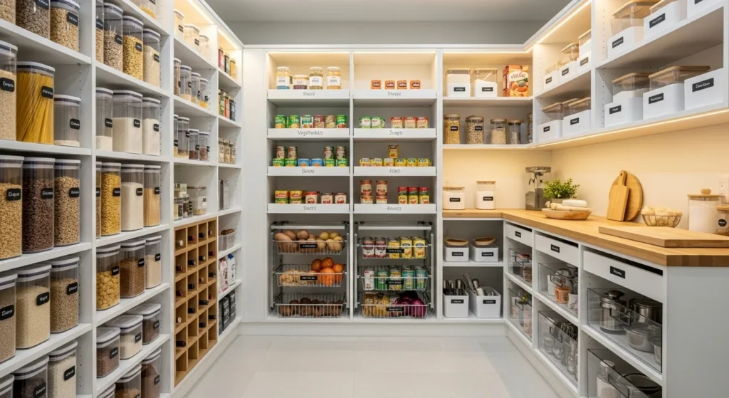 Pantry organized into zones for snacks, baking supplies, and daily essentia