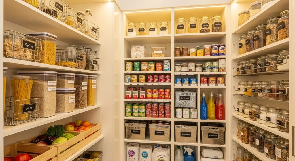Kitchen food pantry divided into clear zones for snacks, baking supplies, and essentials