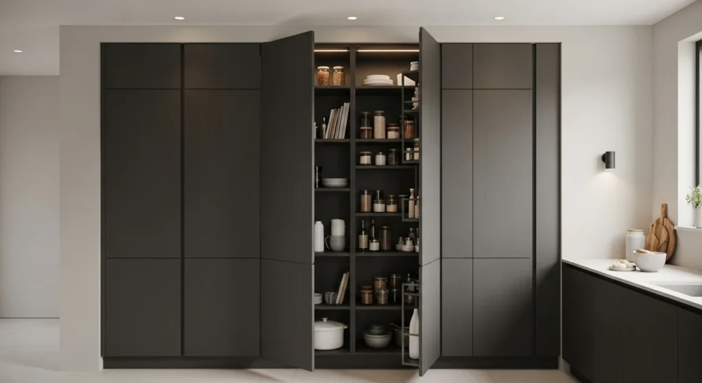 Tall kitchen cabinets hiding pantry shelves with organized food storage inside