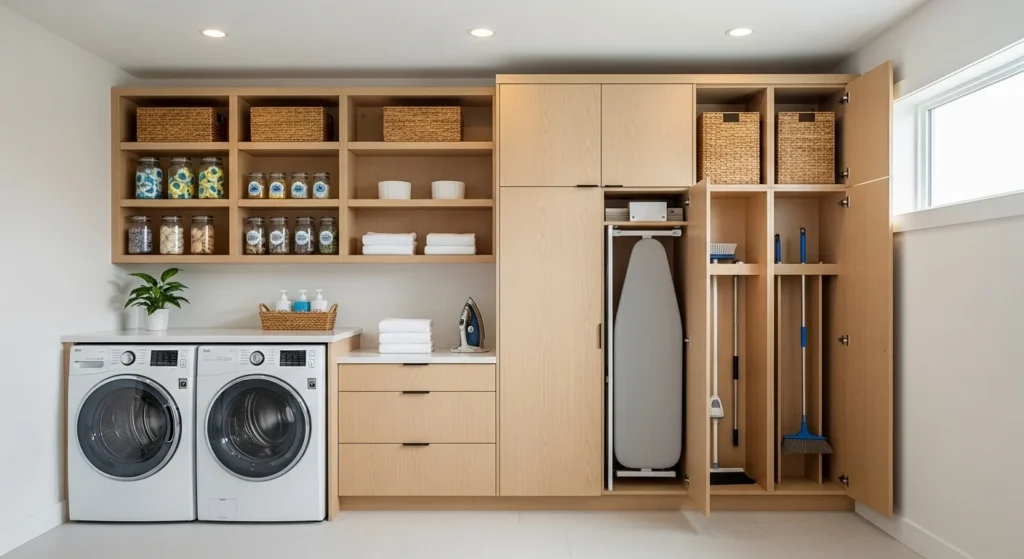 Laundry room with pantry cabinets installed above the washer and dryer for extra storage