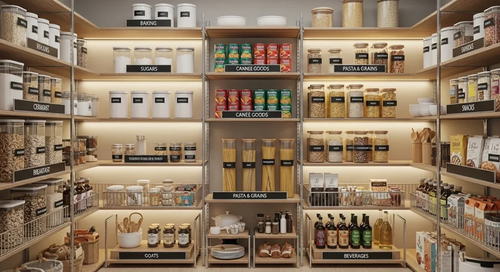 Food pantry organized into clear zones for snacks, baking items, and daily essentials