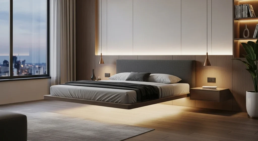 Floating bed with hidden base creating a sleek and futuristic bedroom appearance