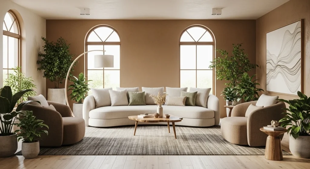 Parlor makeover with curved sofa and rounded chairs for a modern organic feel