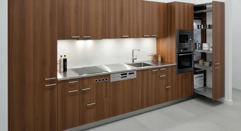 Small kitchen with tall cabinets reaching the ceiling to maximize vertical storage space