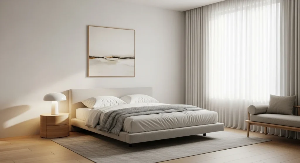 Minimalist guest bedroom with clean lines and clutter-free modern interior for 2026