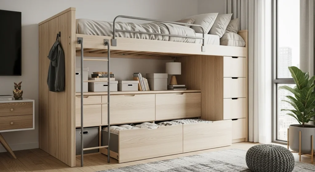 Loft bed with built-in drawers underneath for organized storage in a modern 2026 bedroom