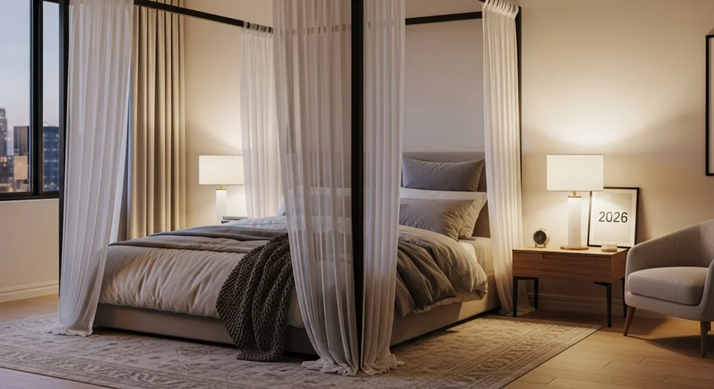 Sleek canopy bed with sheer curtains, ambient lighting, modern 2026 bedroom