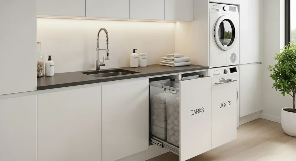 Laundry room with open shelves, neatly organized baskets and detergents, 2026 design