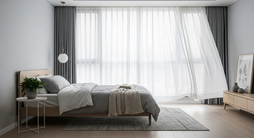 Bedroom layout with bed positioned near a large window to maximize natural light