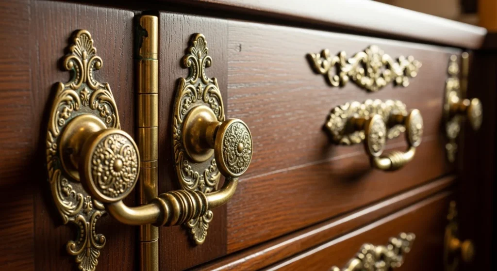 Vintage kitchen cabinets styled with antique brass hardware