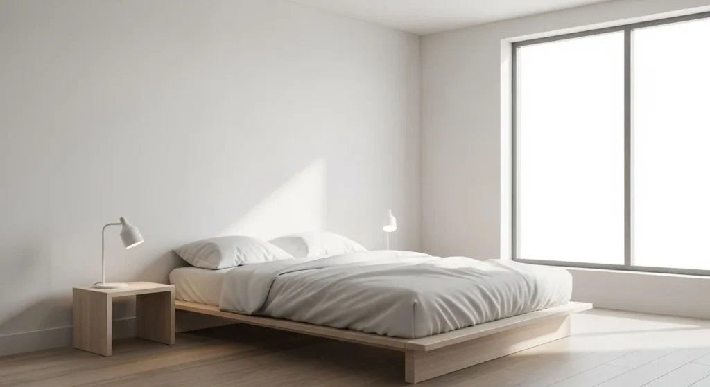 Minimalist guest bedroom with clean lines, neutral colors, simple furniture, and natural daylight