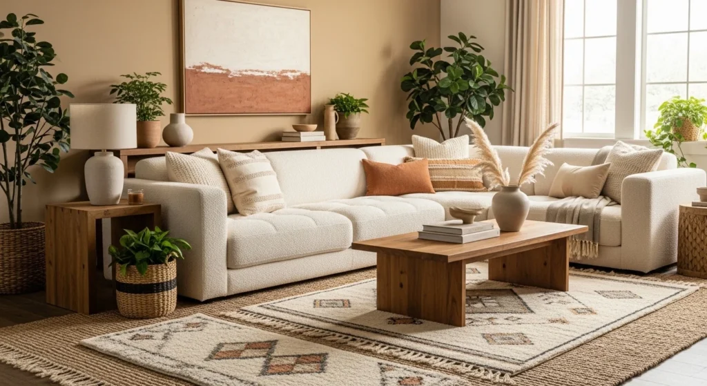 Living room interior with layered textures and soft materials