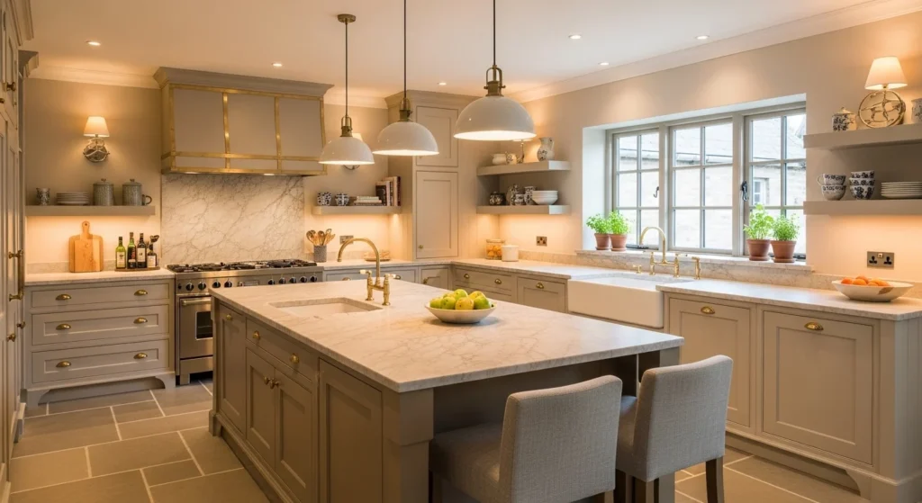 uxury kitchen designed with warm neutral color palette