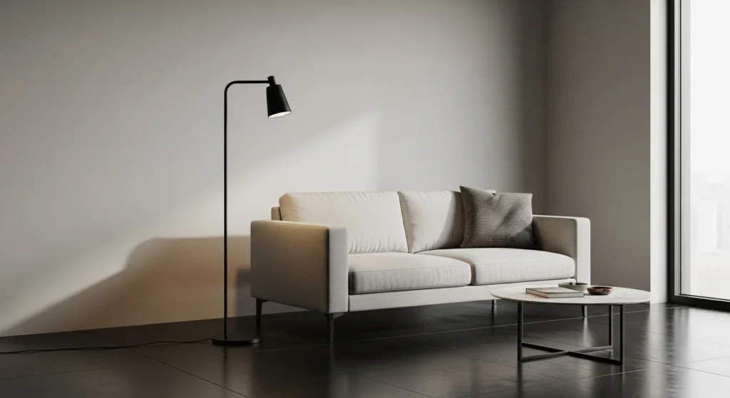 Minimalist black floor lamp in a modern neutral living room