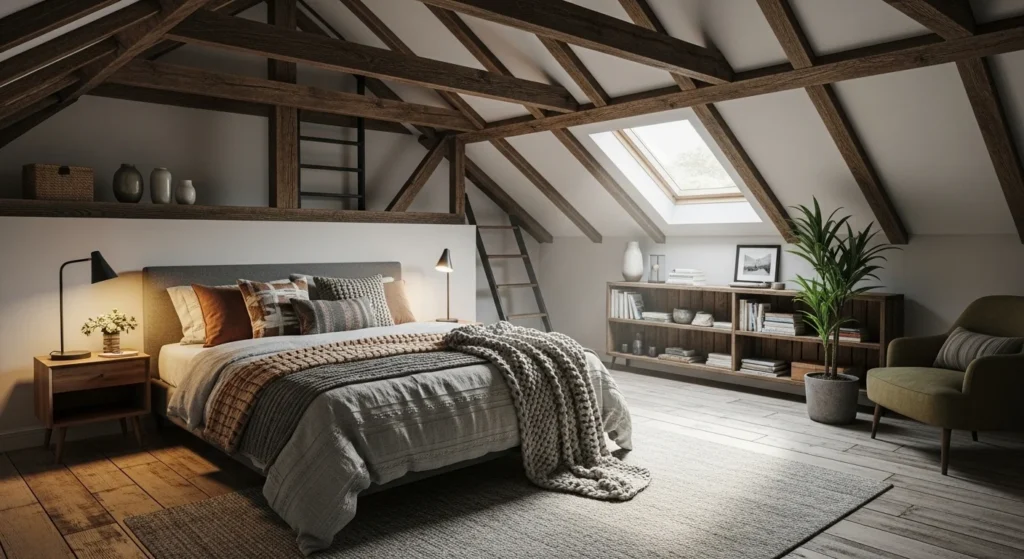 ttic bedroom with exposed wooden beams and cozy rustic design