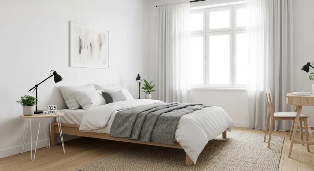 Light and airy bedroom with wooden flooring, white walls, and minimalist furnitur