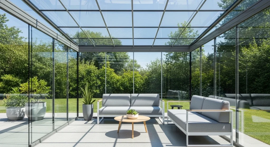 Minimalist sunroom with floor-to-ceiling glass and modern furniture