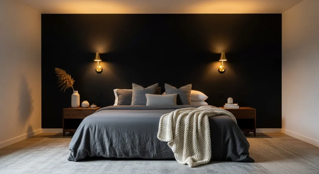 Moody bedroom featuring a matte black accent wall