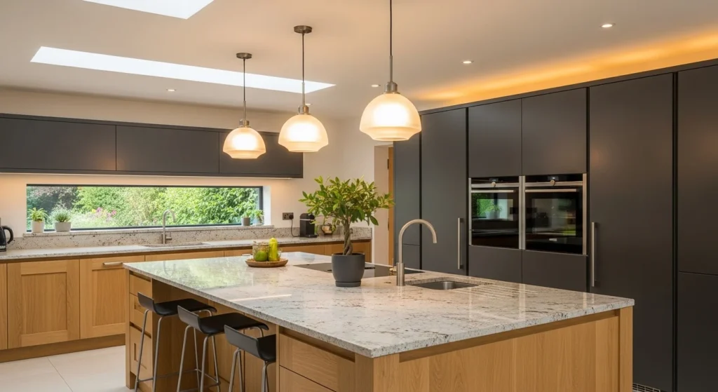 Modern kitchen featuring oak island as central focal point
