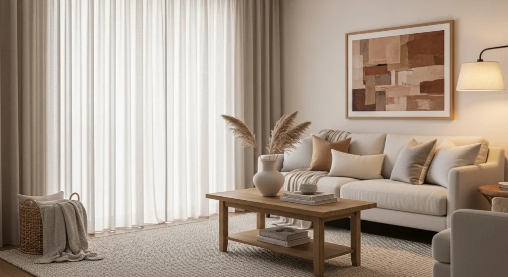 Living room styled with neutral linen curtains and natural textures