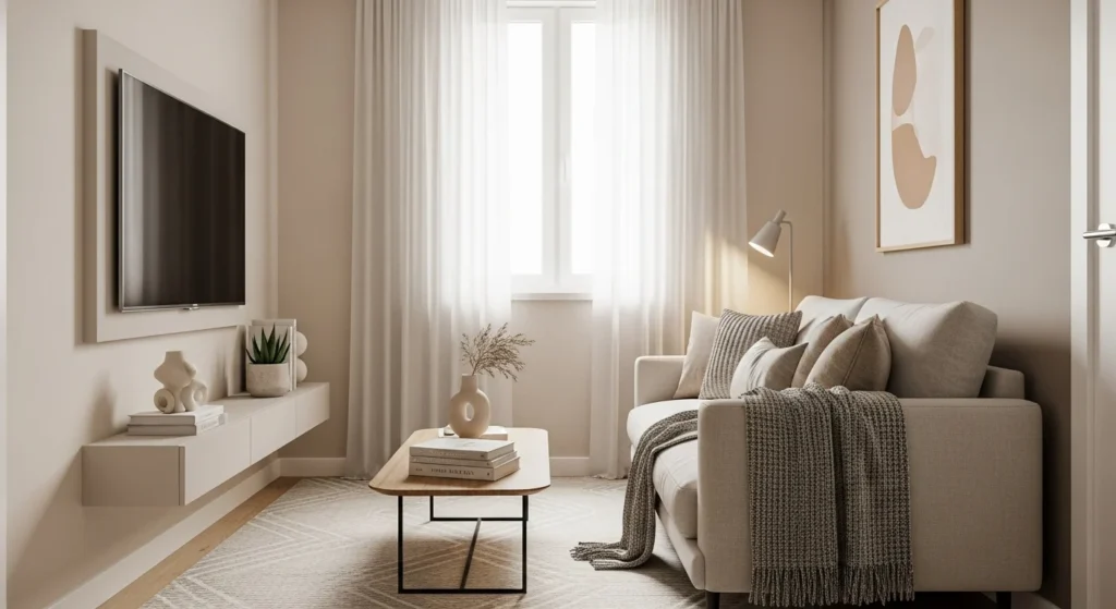 Neutral compact living room styled with beige and greige tones, textured cushions, and modern decor