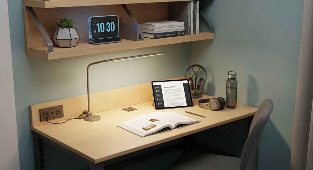 Dorm room study corner with compact desk and focused lighting
