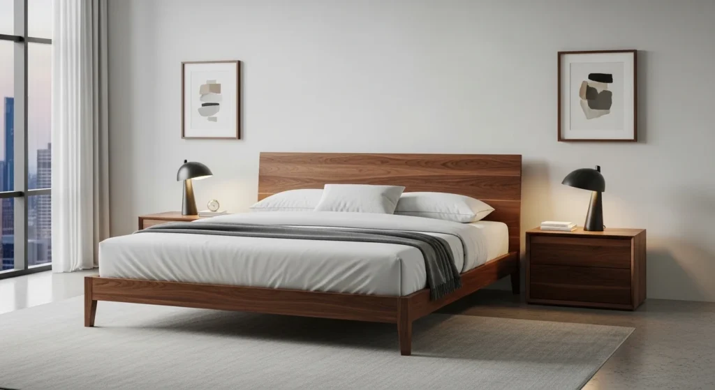 Luxury walnut wooden bed in contemporary bedroom with minimalist decor