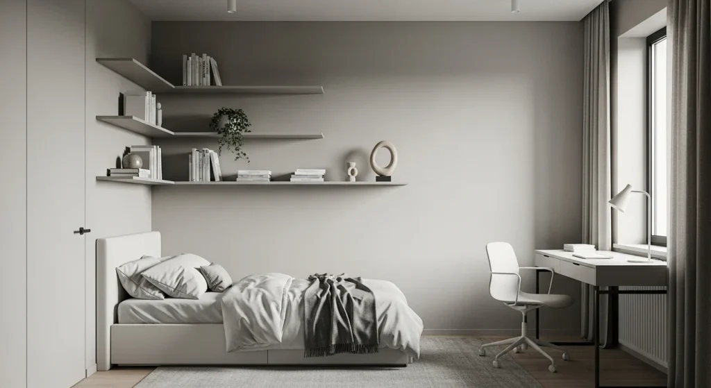 Boys bedroom with neutral colors, floating shelves, clean minimalist furniture