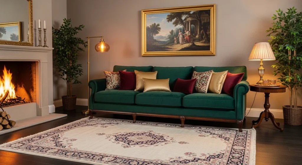 Living room featuring luxurious velvet sofa with plush cushions