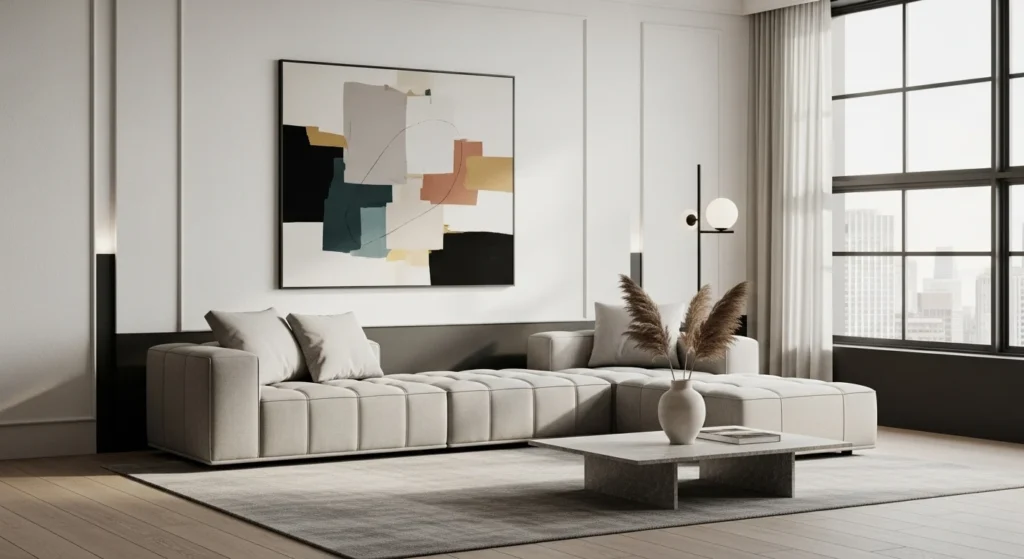 Modular minimalist sofa arranged in a modern 2026 living space