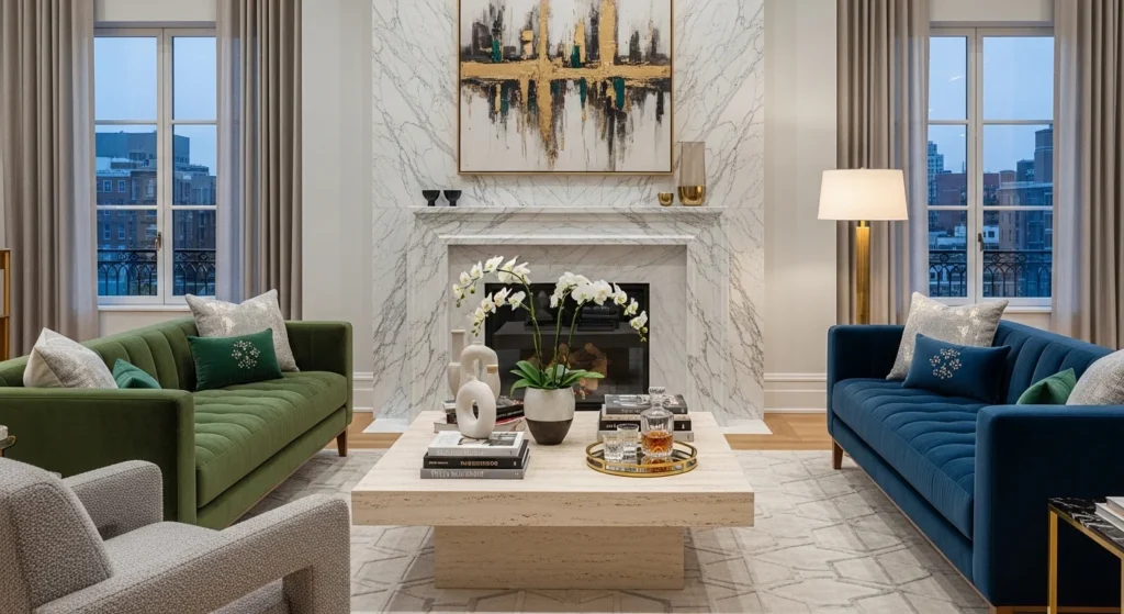 Luxury living room with marble fireplace and stone accents