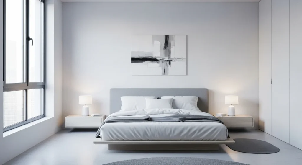 Minimal gray and white bedroom with clean modern styling