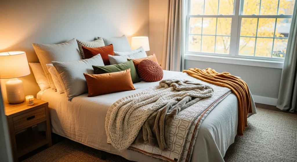 Cozy bedroom featuring layered textiles, plush pillows, textured throws, and warm lighting