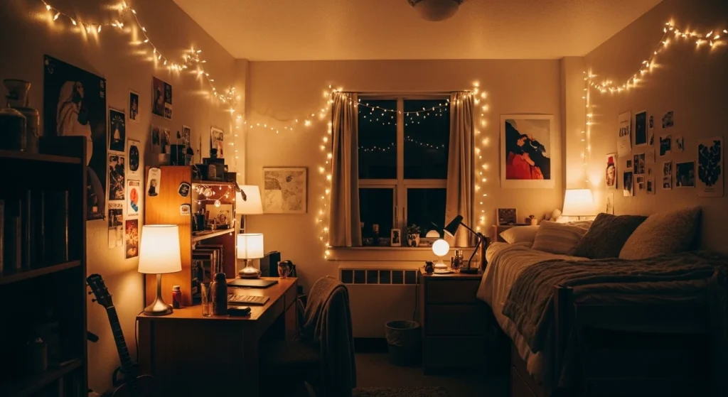 College dorm with warm ambient lighting, string lights, and cozy decor