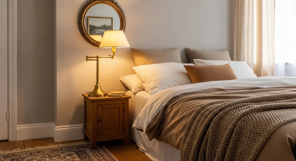 Vintage bedroom with brass lamps and gold mirror frame accents