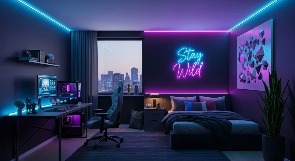 Teen bedroom with LED strip lights and neon wall decor