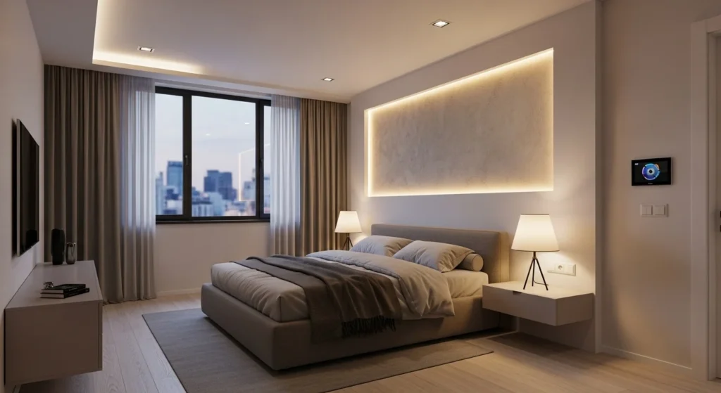 Modern bedroom with smart LED lighting system and ambient glow