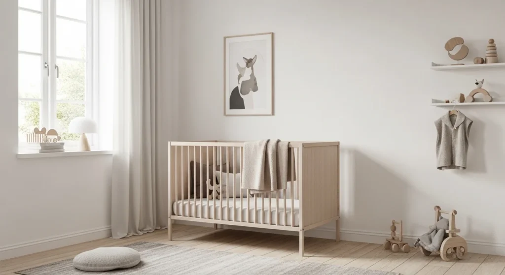 White and wood Scandinavian nursery with minimalist decor and natural light