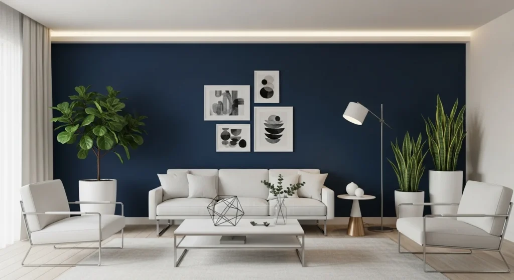 Modern parlor with deep blue accent wall, minimal white furniture, and statement artwork