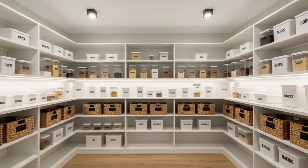 Large walk-in pantry with floor-to-ceiling shelves, labeled baskets, and organized storage
