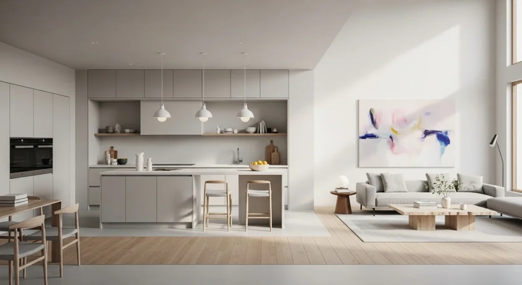 Minimal open kitchen living room with clean lines, neutral colors, and uncluttered modern layout